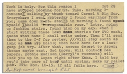 Hunter S. Thompson Letter With Handwritten Annotation -- ''...Work is holy. For this reason I have stopped looking for it...''